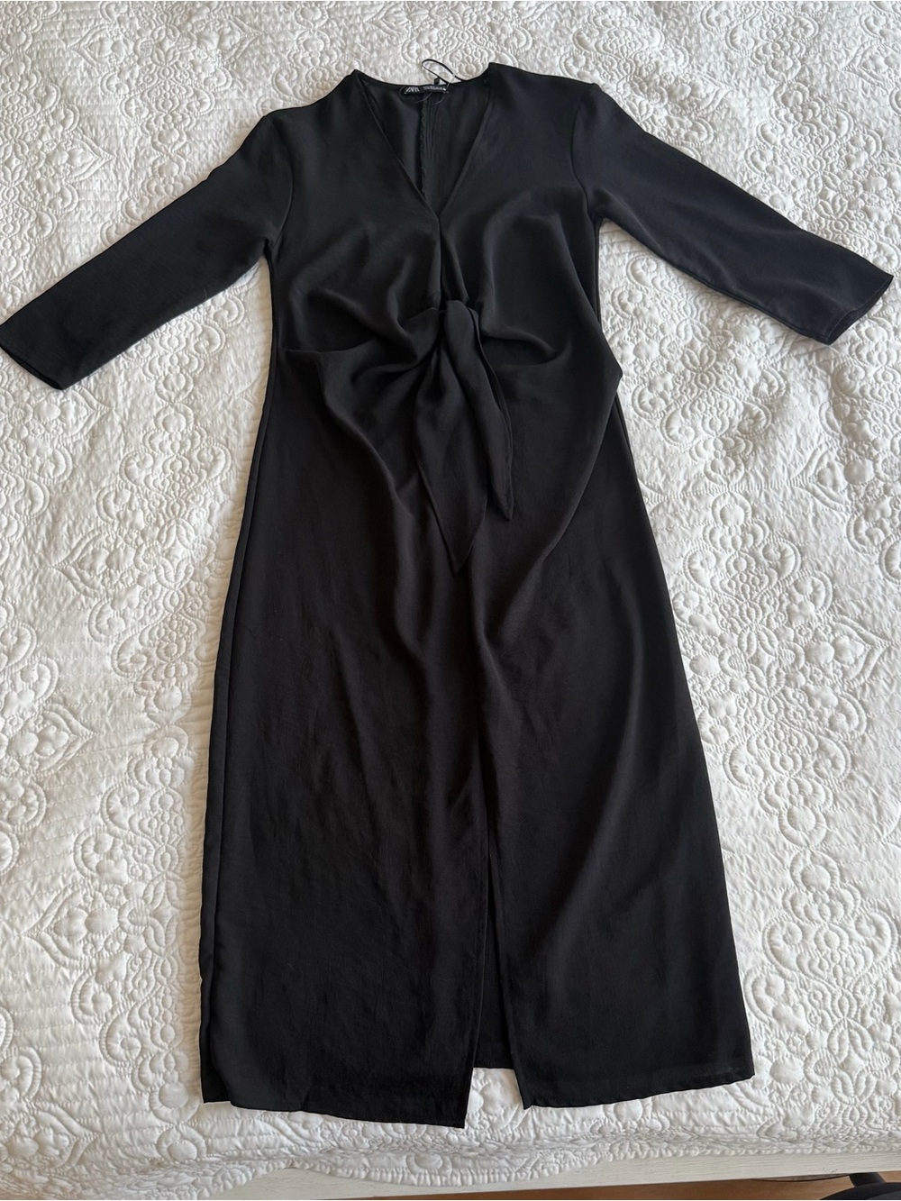 ZARA Black V-Neck Front Tie Knot Front Slit Midi Dress Size Small